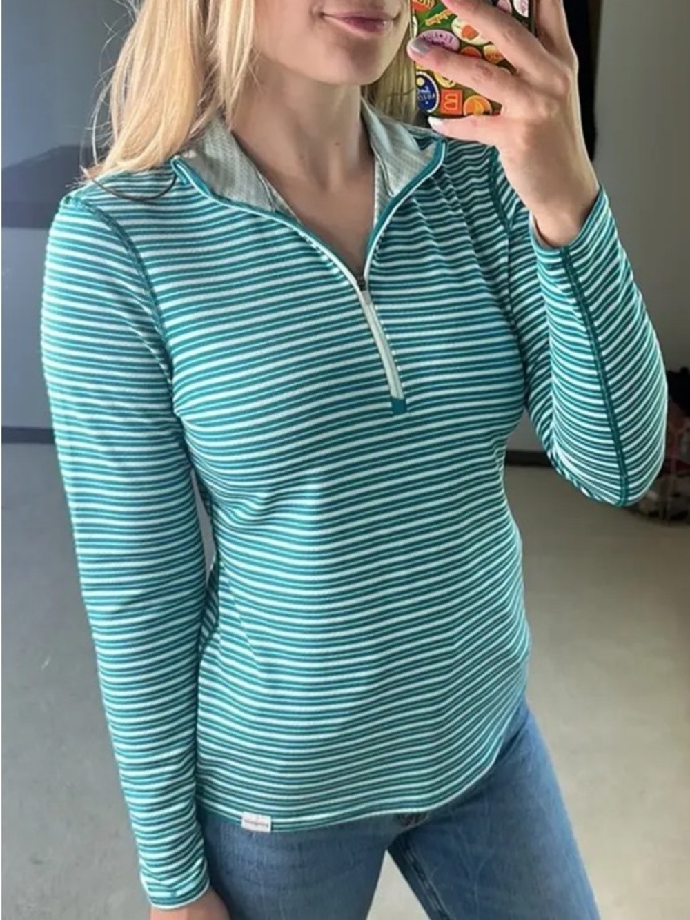 PATAGONIA Capilene Midweight Zip Neck Pullover Baselayer Teal Stripe - LARGE
